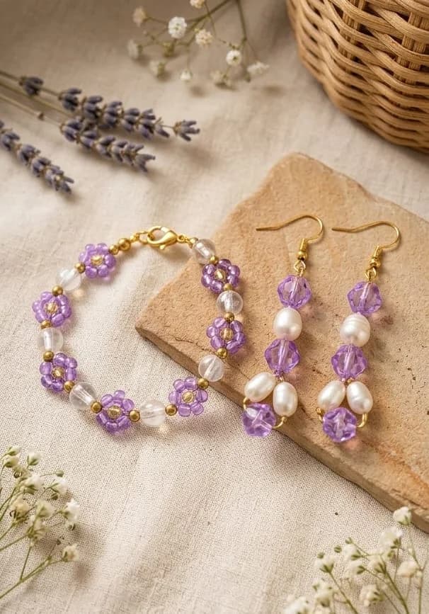 Lavender Floral Beaded & Pearl Set (Shell Jewellery) — Authentic Handcrafted Shell Jewellery & Gifts - View 1 of 1 | VAP Handicrafts