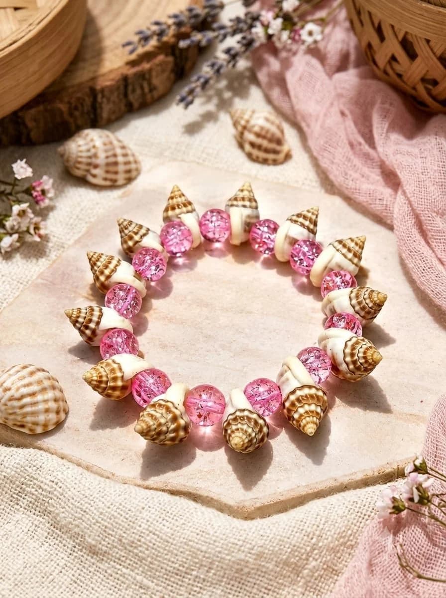 Spiral Conch & Pink Crackle Bead Bracelet