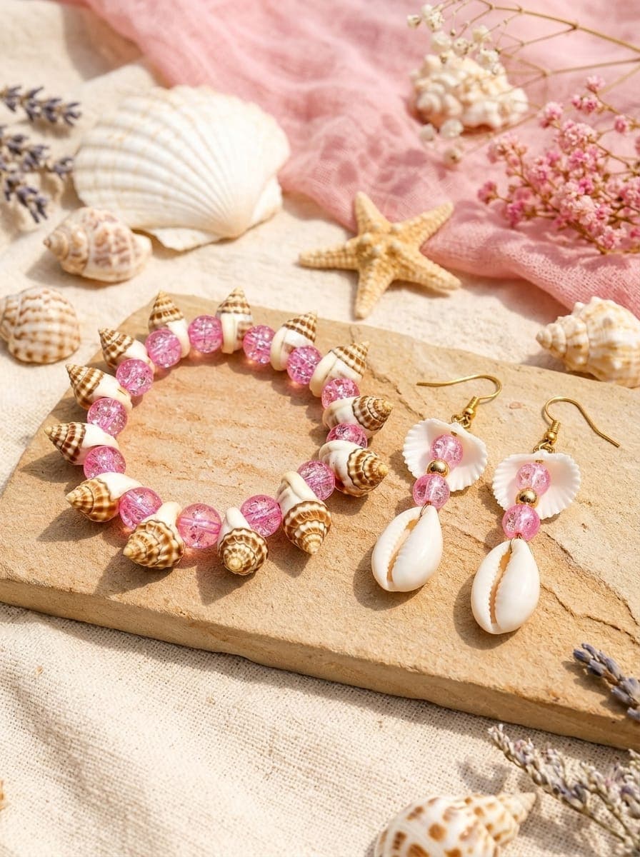Pink Pearl & Cowrie Shell Bracelet with Earrings Combo