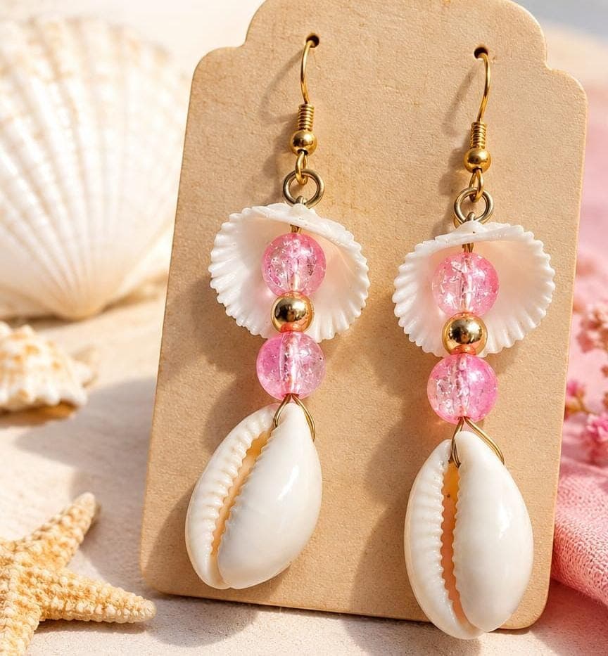 Pink Pearl Cowrie Shell Drop Earrings
