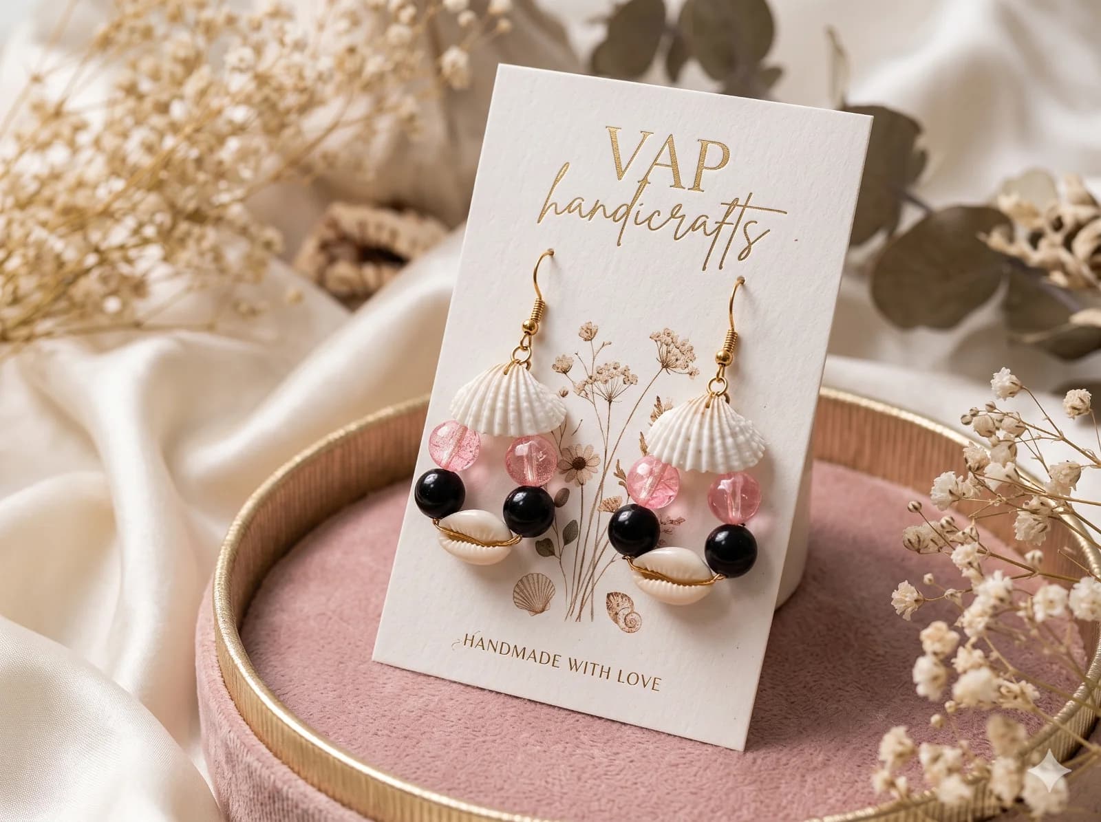 Scallop & Cowrie Beaded Drop Earrings (Shell Jewellery) — Authentic Handcrafted Shell Jewellery & Gifts - View 1 of 1 | VAP Handicrafts